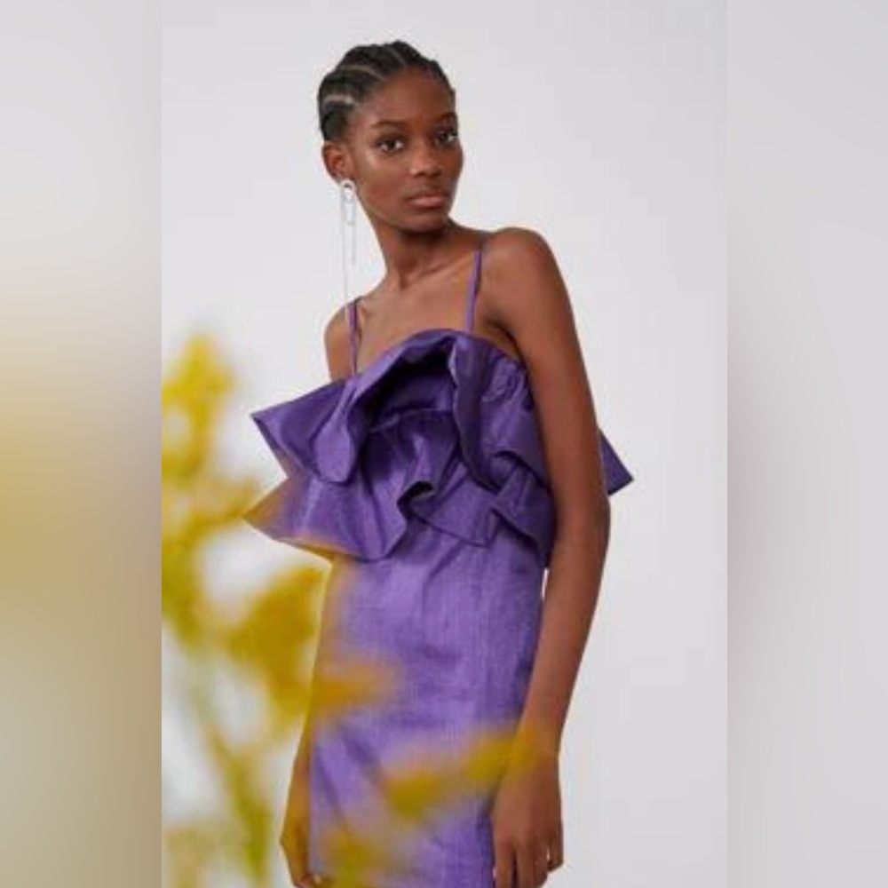 ZARA Ruffled Ruffle Metallic Thread Mini Cocktail Dress in Purple Size Small - Picture 2 of 16